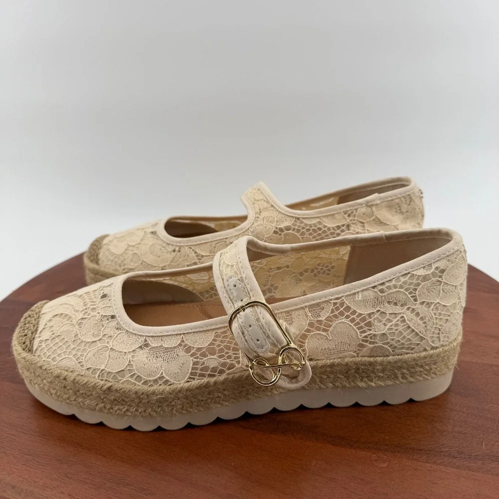 Sam & Libby Mary Jane Espadrille‎ Women Beige Floral Lace Platform Shoes 10